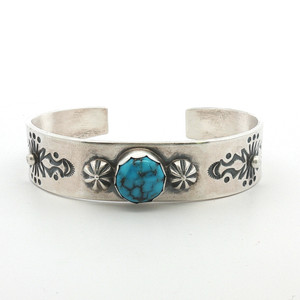 Vintage Navajo Sterling Silver Kingman Turquoise Round Cabochon Cuff Bracelet - Signed Mark Yazzie