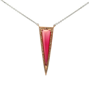 18K Gold Pink Chalcedony Triangular Spike Surrounded With 1/3tw Diamond Stationary Pendant 19" Chain Necklace