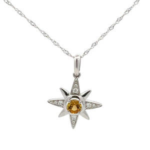 14K White Gold .24ct Yellow Tourmaline Circle with .05tw Diamond Rays North Star Pendant 18" Chain Necklace