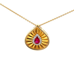 18K Gold .50ct Teardrop Ruby Surrounded with .11tw Diamond Teardrop Pear Shaped Pendant 17" Chain Necklace