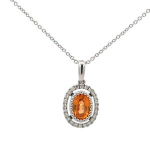 14K White Gold 99ct Spessartite Oval Surrounded with 1/8tw Diamond Pendant 18" Chain Necklace