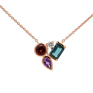 14K Rose Gold Multi-Gem Multi-Shape Cluster with a .06tw Diamond Circle Stationary Pendant 18" Chain Necklace