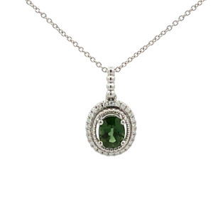 14K White Gold .97ct Green Sapphire Oval Surrounded With 1/10tw Diamond Pendant 18" Chain Necklace