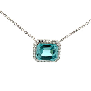 14K White Gold 4.02ct Zircon Rectangle Surrounded With .18tw Diamond Stationary Pendant 18" Chain Necklace