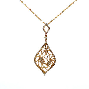 14K Gold 1/2tw Diamond Filigree Teardrop with Leaves Dangle Pendant 18" Chain Necklace
