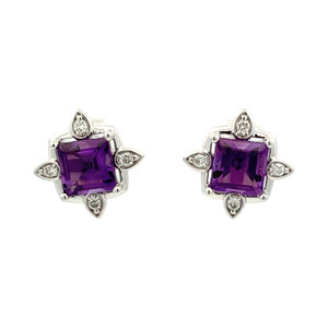 14K White Gold 2.08ct Amethyst Square with 1/8tw Diamond teardrops Post Earrings
