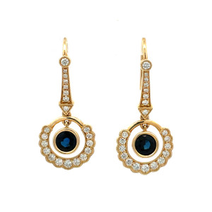 14K Gold 1.25ct Sapphire Circle Surrounded with 5/8tw Diamond Scalloped Circle Dangle Hook Earrings
