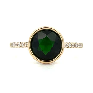 14K Yellow Gold 2.30ct Round Bezel Set Chrome Diopside with .09cttw Diamond Accents Ring Size 7