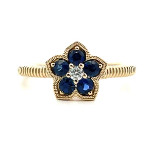 14K Yellow Gold 0.5cttw Round Sapphires with 0.05ct Diamond Center Flower Ring Size 7.25