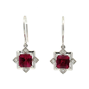 14K White Gold 2.34ct Malawi Garnet Square Surrounded with .07tw Diamond Squares Flower Dangle Hook Earrings