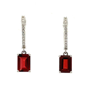 14K White Gold 2.45ct Garnet Rectangles with 1/5tw Diamond Lever Back Lock Dangle Earrings