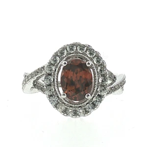 Sterling Silver Spessartite Garnet Oval With CZ Halo and Band Work Statement Ring Size 7
