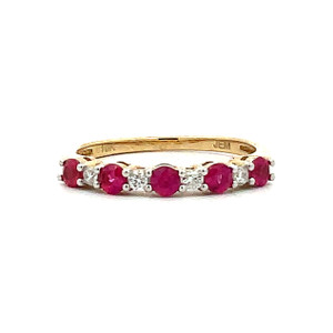 10K Gold Alternating Light Ruby Circle and Diamond Circle Ring Size 7