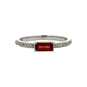 10K White Gold Ruby Rectangle with Bilateral Diamond Circles Down Band Ring Size 7