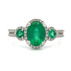18K White Gold Oval Emerald with Two Emerald Accents and a Diamond Halo Ring Size 6.75