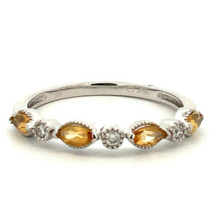 10K White Gold Alternating Yellow Citrine Leaves and Diamond Bezels Band Ring Size 7.5