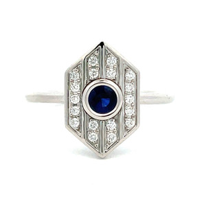 14K White Gold 0.31ct Round Sapphire with 1/8cttw Diamonds Shield Ring Size 6.75