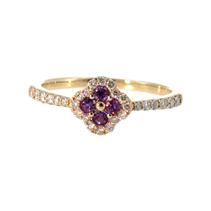 10K Gold Amethyst Flower Surrounded with Diamond Bezels Ring Size 6.75