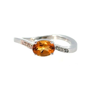 10K White Gold .75tw Orange Citrine Oval with .03tw Diamond Bezels Wavy Band Ring Size 6.75