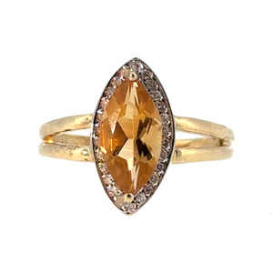 10K Gold 1.40tw Yellow Citrine Marquise with .13tw Diamond Bezel Halo Double Band Ring Size 6.75