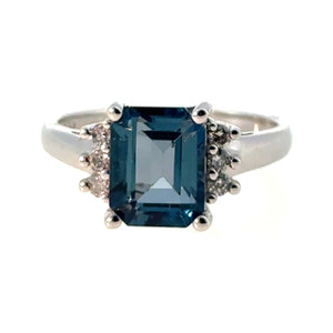 10K White Gold 2.40tw London Blue Topaz Rectangle with Bilateral 3-Bezel Stacked .11tw Diamond Ring Size 6.75