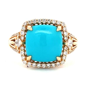 18K Yellow Gold Cabochon Square 3.69ct Sleeping Beauty Turquoise With 0.44cttw Diamond Halo Ring Size 6.75