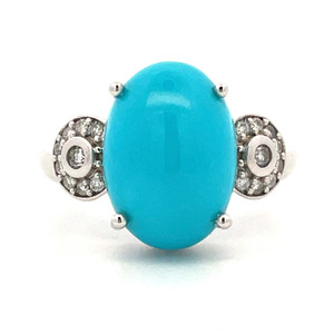 14k White Gold Cabochon Oval 5.51ct Sleeping Beauty Turquoise with .18cttw Diamond Accents Ring Size 6.75