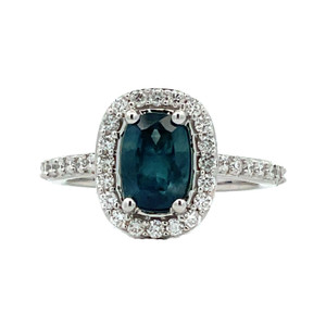 10K White Gold Blue Sapphire Cushion Oval with Diamond Halo Ring 5