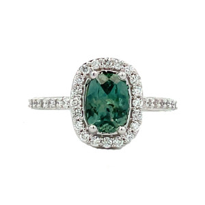 10K White Gold Green Sapphire Cushion Oval with Diamond Halo Ring 5
