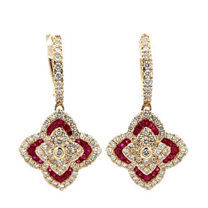 14K Gold .50tw Ruby Accented Flower with 1.33tw Diamond Petals and Middle Dangle Lever-Back Clasp Earrings