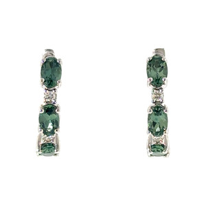 10K White Gold Alternating Green Sapphire and Diamond Hoop Lever-Back Clasp Earrings