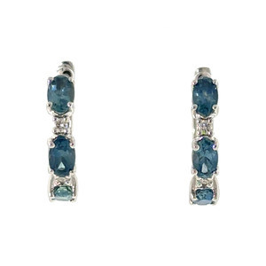 10K White Gold Alternating Blue Sapphire and Diamond Hoop Lever-Back Clasp Earrings