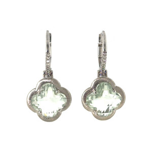 14K White Gold Green Amethyst Clover  with .06 Diamond Accented Hoop Dangle Lever-Back Clasp Earrings