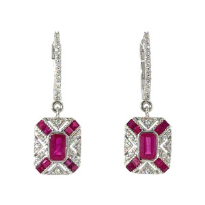 14K White Gold 1.32 Ruby Rectangle with .22 Diamond Rectangle Shield Hoop Dangle Lever-Back Clasp Earrings