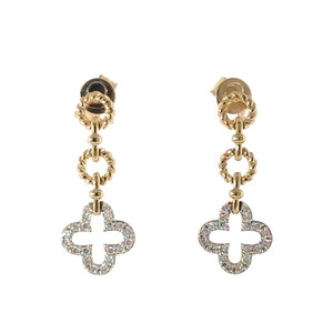 10K Gold .20tw Diamond Clover Flower Dangle Chain Post Earrings