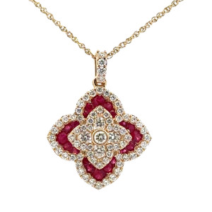 14K Gold .55tw Ruby Accented .85tw Diamond Flower Petals Pendant 16" Chain Necklace
