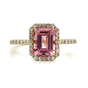 14K Yellow Gold 1.65ct Emerald-Cut Pink Tourmaline with 0.30cttw Diamond Halo Ring Size 6.25