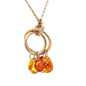 10K Gold Tropical Sunset Drop-Shaped Dangle Citrines on a Double Hoop Stationary Pendant 17.5" Chain Necklace
