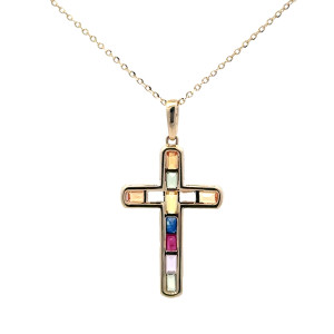 14K Gold 1.19tw Multi-Gem Surrounded by .30tw Diamond Bezel Cross Pendant 18" Adjustable Chain Necklace