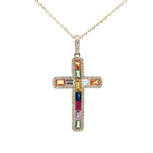 14K Gold 1.19tw Multi-Gem Surrounded by .30tw Diamond Bezel Cross Pendant 18" Adjustable Chain Necklace