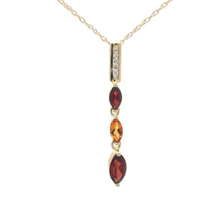 10K Gold Cascading .50tw 2-Garnet and 1-Citrine Marquise with .03tw Diamond Bezel Accents Dangle Pendant 18" Chain Necklace