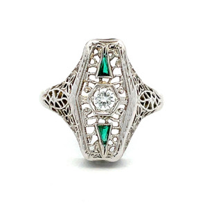 Vintage 18K White Gold Art Deco Filigree Round Diamond with Emerald Accents Ring Size 8.5