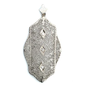 Vintage 14K White Gold Filigree Art Deco Diamond Pendant