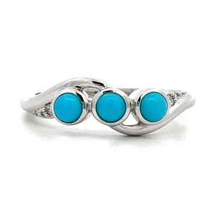 14K White Gold Three Stone Sleeping Beauty Turquoise with Diamond Accents Ring Size 6.75