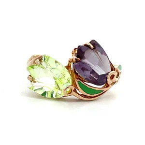 Vintage 10K Yellow Gold Created Alexandrite and Uranium Glass Flowers with Green Enamel Accents Ring Size 4.5