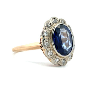 Vintage 14K Two Tone Gold Oval Created Sapphire Diamond Flower Halo Statement Ring Size 6.75