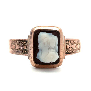 Antique 10K Yellow Gold Detailed Band Petite Carnelian Cameo Estate Ring Size 7