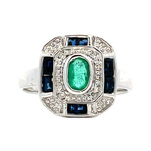 14K White Gold Central Emerald Oval Stone In a Double Halo with 6-Sapphire Rectangles and 0.02tw Diamond Bezel Accents Ring Size 6.75