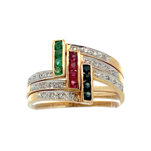 14K Gold Channel Set with Central Vertical Row of Multi-Gem 1/8tw Diamond Accents Stackable Rings Size 6.25