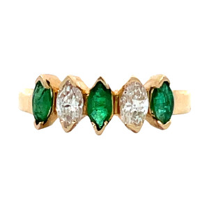 14K Gold Alternating 3-Emerald Marquise and 1/3tw 2-Diamond Marquise Ring Size 5